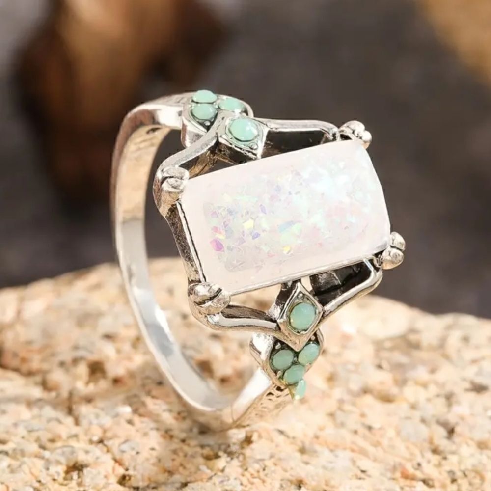Rectangle White Lab Opal Antique Silvery Rings